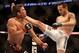 Jun 15, 2013; Winnipeg, MB, Canada; Sam Stout (left) fights James Krause during their Lightweight bout at UFC 161 at MTS Centre. Mandatory Credit: Tom Szczerbowski-USA TODAY Sports