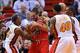 Oct 29, 2013; Miami, FL, USA; Miami Heat point guard Mario Chalmers (15) and Chicago Bulls center Joakim Noah (13) both battle for a rebound during the second half at American Airlines Arena. Miami won 107-95. Mandatory Credit: Steve Mitchell-USA TODAY Sp