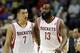 April 12, 2013; Houston, TX, USA; Houston Rockets point guard Jeremy Lin (7) talks to shooting guard James Harden (13) against the Memphis Grizzlies in the fourth quarter at the Toyota Center. The Grizzlies defeated the Rockets 82-78. Mandatory Credit: Br