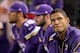 Oct 27, 2013; Minneapolis, MN, USA; Minnesota Vikings quarterback Josh Freeman (12) sits by the other quarterbacks during the fourth quarter against the Green Bay Packers at Mall of America Field at H.H.H. Metrodome. The Packers defeated the Vikings 44-31