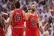 May 6, 2013; Miami, FL, USA; Chicago Bulls power forward Taj Gibson (right) greets teammate center Joakim Noah (left) during their game against the Miami Heat in game one of the second round of the 2013 NBA Playoffs at American Airlines Arena. The Bulls w