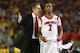 ATLANTA, GA - APRIL 08: (L-R) Head coach Rick Pitino of the Louisville Cardinals talks with Russ Smith #2 against the Michigan Wolverines during the 2013 NCAA Men's Final Four Championship at the Georgia Dome on April 8, 2013 in Atlanta, Georgia. (Photo