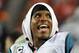 TAMPA, FL - OCTOBER 24: Quarterback Cam Newton #1 of the Carolina Panthers watches play in the 4th quarter against the Tampa Bay Buccaneers October 24, 2013 at Raymond James Stadium in Tampa, Florida. Carolina won 31 - 13. (Photo by Al Messerschmidt/Gett