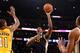 LOS ANGELES, CA - OCTOBER 22: Derrick Favors #15 of the Utah Jazz shoots against the Los Angeles Lakers at Staples Center on October 22, 2013 in Los Angeles, California. NOTE TO USER: User expressly acknowledges and agrees that, by downloading and/or usin