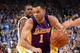 OAKLAND, CA - OCTOBER 30: Jordan Farmar #1 of the Los Angeles Lakers drives to the basket during a game against the Golden State Warriors at Oracle Arena on October 30, 2013 at in Oakland, California. NOTE TO USER: User expressly acknowledges and agrees t