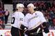 CALGARY, CANADA - APRIL 19: Ryan Getzlaf #15 and Corey Perry #10 of the Anaheim Ducks confer between play during an NHL game against the Calgary Flames at Scotiabank Saddledome on April 19, 2013 in Calgary, Alberta, Canada. (Photo by Derek Leung/Getty Ima