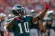 Oct 13, 2013; Tampa, FL, USA; Philadelphia Eagles wide receiver DeSean Jackson (10) gets the fans pumped up against the Tampa Bay Buccaneers during the second half at Raymond James Stadium. Philadelphia Eagles defeated the Tampa Bay Buccaneers 31-20. Mand