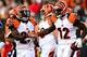 Aug 17, 2013; Cincinnati, OH, USA; Cincinnati Bengals wide receiver Mohamed Sanu (12) celebrates with running back Giovani Bernard (25) in the first quarter of a preseason game against the Tennessee Titans at Paul Brown Stadium. Mandatory Credit: Andrew W
