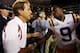 Former LSU wide receiver Early Doucet shakes the hand of his former coach after the Tigers defeated the Crimson Tide in 2007.