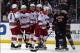 Oct 19, 2013; Uniondale, NY, USA; the Carolina Hurricanes celebrate a goal against the New York Islanders during the second period of a game at Nassau Veterans Memorial Coliseum. Mandatory Credit: Brad Penner-USA TODAY Sports