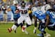 NASHVILLE, TN - AUGUST 24: Running back Steven Jackson #39 of the Atlanta Falcons rushes toward Moise Fokou #53 of the Tennessee Titans at LP Field on August 24, 2013 in Nashville, Tennessee. (Photo by Frederick Breedon/Getty Images)