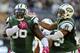 EAST RUTHERFORD, NJ - OCTOBER 13: Defensive end Muhammad Wilkerson #96 of the New York Jets celebrates with teammate Antonio Allen #39 after Wilkerson's sack of quarterback Ben Roethlisberger #7 of the Pittsburgh Steelers in the fourth quarter during a ga