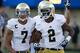 Oct 26, 2013; Colorado Springs, CO, USA; Notre Dame Fighting Irish wide receiver Chris Brown (2) celebrates with wide receiver TJ Jones (7) after Brown caught a pass for a touchdown in the third quarter against the Air Force Falcons at Falcon Stadium. Man