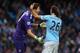 MANCHESTER, ENGLAND - NOVEMBER 02: Goal-keeper Costel Pantilimon of Manchester City is congratulated on a good save by Martin Demichelis (R) during the Barclays Premier League match between Manchester City and Norwich City at Etihad Stadium on November 2