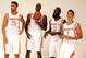 HOUSTON, TX - SEPTEMBER 27: Chandler Parsons #25, Dwight Howard #12, James Harden #13 and Jeremy Lin #7 of the Houston Rockets pose for a photographer during Houston Rockets Media Day at the Toyota Center on September 27, 2013 in Houston, Texas. (Photo by