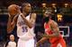 OKLAHOMA CITY, OK - APRIL 21: Kevin Durant #35 of the Oklahoma City Thunder looks to pass the ball guarded by James Harden #13 of the Houston Rockets during the first half of Game One of the Western Conference Quarterfinals of the 2013 NBA Playoffs at Ch