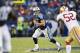 NASHVILLE, TN - OCTOBER 20: Jake Locker #10 of the Tennessee Titans rolls out looking for a receiver during a game against the San Francisco 49ers at LP Field on October 20, 2013 in Nashville, Tennessee. The 49ers defeated the Titans 31-17. (Photo by W