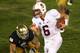 SOUTH BEND, IN - OCTOBER 13: Josh Nunes #6 of the Standford Cardinal runs for a first down in overtime past Manti T'eo #5 of the Notre Dame Fighting Irish at Notre Dame Stadium on October 13, 2012 in South Bend, Indiana. Notre Dame defeated Stanford 20-1