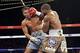 Nov 2, 2013; New York, NY, USA; Gennady Golovkin (silver trunks) and Curtis Stevens (brown trunks) box during their middleweight world championship bout at The Theater at Madison Square Garden. Golovkin won after the fight was stopped after the eighth rou