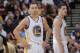 OAKLAND, CA - MARCH 9: Stephen Curry #30 and Klay Thompson #11 of the Golden State Warriors in a game against the Milwaukee Bucks on March 9, 2013 at Oracle Arena in Oakland, California. NOTE TO USER: User expressly acknowledges and agrees that, by downlo