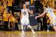 OAKLAND, CA - APRIL 28: Stephen Curry #30 of the Golden State Warriors celebrates with teammate Klay Thompson #11 after making a three-pointer against the Denver Nuggets in Game Four of the Western Conference Quarterfinals during the 2013 NBA Playoffs on