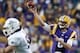 Oct 26, 2013; Baton Rouge, LA, USA; LSU Tigers quarterback Zach Mettenberger (8) throws against the Furman Paladins during the first quarter of a game at Tiger Stadium. Mandatory Credit: Derick E. Hingle-USA TODAY Sports
