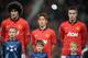 MANCHESTER, ENGLAND - SEPTEMBER 17: Marouane Fellaini (l) of Manchester United lines up with team-mates Shinji Kagawa and Robin van Persie (r) prior to the UEFA Champions League Group A match between Manchester United and Bayer Leverkusen at Old Trafford