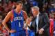 PHILADELPHIA, PA - NOVEMBER 2: Head Coach Brett Brown talks to Michael Carter-Williams #1 of the Philadelphia 76ers calls a play against the Chicago Bulls at the Wells Fargo Center on November 2, 2013 in Philadelphia, Pennsylvania. NOTE TO USER: User ex