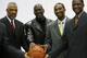 LAS VEGAS - FEBRUARY 17: Slam dunk contest Judges (L-R) Julius 'Dr. J.' Erving, Miachael Jordan, Kobe Bryant of the Los Angeles Lakers and Dominique Wilkins pose for a portrait on All-Star Saturday NIght during the NBA All-Star Weekend on February 17, 20