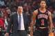 CHICAGO, IL - OCTOBER 31: Tom Thibodeau yells to Derrick Rose #1 of the Chicago Bulls during the game against the New York Knickson October 31, 2013 at the United Center in Chicago, Illinois. NOTE TO USER: User expressly acknowledges and agrees that, by