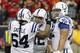 HOUSTON, TX - NOVEMBER 03: Andrew Luck #12 of the Indianapolis Colts celebrates with Samson Satele #64 of the Indianapolis Colts and Jeffrey Linkenbach #72 after scoring the go ahead touchdown against the Houston Texans at Reliant Stadium on November 3, 2