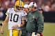 CLEVELAND, OH - AUGUST 13: Quarterback Matt Flynn #10 talks with head coach Mike McCarthy of the Green Bay Packers during the second quarter against the Cleveland Browns at Cleveland Browns Stadium on August 13, 2011 in Cleveland, Ohio. (Photo by Jason Mi