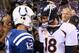 INDIANAPOLIS, IN - OCTOBER 20: Andrew Luck #12 of the Indianapolis Colts and Peyton Manning #18 of the Denver Broncos meet after the game at Lucas Oil Stadium on October 20, 2013 in Indianapolis, Indiana. The Colts won 39-33. (Photo by Andy Lyons/Getty
