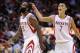 Nov 1, 2013; Houston, TX, USA; Houston Rockets point guard Jeremy Lin (7) congratulates shooting guard James Harden (13) after a play during the fourth quarter against the Dallas Mavericks at Toyota Center. The Rockets defeated the Mavericks 113-105. Mand