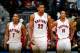 ATLANTA, GA - NOVEMBER 01: Rudy Gay #22, Kyle Lowry #7 and DeMar DeRozan #10 of the Toronto Raptors react in the final seconds of their 102-95 loss to the Atlanta Hawks at Philips Arena on November 1, 2013 in Atlanta, Georgia. NOTE TO USER: User express
