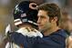 GREEN BAY, WI - NOVEMBER 04: Jay Cutler #6 of the Chicago Bears (R), who is injured, hugs Josh McCown #12 at the end of the game against the Green Bay Packers at Lambeau Field on November 4, 2013 in Green Bay, Wisconsin. The Bears defeated the Packers 27-