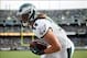 Nov 3, 2013; Oakland, CA, USA; Philadelphia Eagles wide receiver Riley Cooper (14) scores a touchdown on a pass from quarterback Nick Foles (not pictured) during the third quarter at O.co Coliseum. The Philadelphia Eagles defeated the Oakland Raiders 49-2
