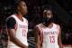 HOUSTON, TX - OCTOBER 5: Dwight Howard #12 and James Harden #13 of the Houston Rockets talk during the 2013 NBA pre-season game against the New Orleans Pelicans on October 5, 2013 at the Toyota Center in Houston, Texas. NOTE TO USER: User expressly ackn