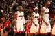 MIAMI, FL - NOVEMBER 3: Dwyane Wade #3, LeBron James #6, Chris Bosh 31 and Ray Allen #34 of the Miami Heat walks back to the bench against the Washington Wizards on November 3, 2013 at American Airlines Arena in Miami, Florida. NOTE TO USER: User expressl
