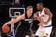Oct 25, 2013; New York, NY, USA; Charlotte Bobcats power forward Cody Zeller (40) drives on New York Knicks small forward Metta World Peace (51) during the first quarter of a preseason game at Madison Square Garden. Mandatory Credit: Brad Penner-USA TODAY