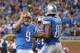DETROIT, MI - OCTOBER 27: Matthew Stafford #9 of the Detroit Lions celebrates with teammate Calvin Johnson #81 after a first quarter touchdown the game against the Dallas Cowboys at Ford Field on October 27, 2013 in Detroit, Michigan. (Photo by Leon Hali