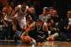 NEW YORK, NY - NOVEMBER 01: Paul Pierce #34 of the Brooklyn Nets dives for the ball as Mario Chalmers #15 of the Miami Heat defends during their game at the Barclays Center on November 1, 2013 in the Brooklyn borough of New York City. NOTE TO USER: User