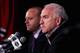CHICAGO, IL - JUNE 11: General Manager Stan Bowman (L) and head coach Joel Quenneville of the Chicago Blackhawks speak during the 2013 NHL Stanley Cup media day at the United Center on June 11, 2013 in Chicago, Illinois. (Photo by Jonathan Daniel/Getty