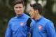 ST ALBANS, ENGLAND - NOVEMBER 05: Olivier Giroud and Mesut Oezil (R) of Arsenal attend a training session at London Colney on November 5, 2013 in St Albans, England. (Photo by Ian Walton/Getty Images)