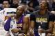 Mar 15, 2013; Indianapolis, IN, USA; Los Angeles Lakers guard Kobe Bryant (24) and center Dwight Howard (12) watch from the bench during a game against the Indiana Pacers at Bankers Life Fieldhouse. Los Angeles Lakers defeated the Indiana Pacers 99-93.