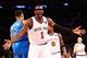 Mar. 7, 2013; New York, NY, USA; New York Knicks power forward Amar'e Stoudemire (1) reacts after not getting a called foul against the Oklahoma City Thunder during the second half at Madison Square Garden. Thunder won 95-94. Mandatory Credit: Debby Wong-