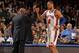NEW YORK, NY - MARCH 16: Tyson Chandler #6 of the New York Knicks is congratulated by head coach Mike Woodson of as he returns to the bench during the game against the Indiana Pacers on March 16, 2012 at Madison Square Garden in New York City. NOTE TO U