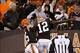 Nov 3, 2013; Cleveland, OH, USA; Cleveland Browns wide receiver Davone Bess (15) and wide receiver Josh Gordon (12) celebrate a touch down in the second quarter against the Baltimore Ravens at FirstEnergy Stadium. Mandatory Credit: Rick Osentoski-USA TODA
