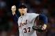 Oct 19, 2013; Boston, MA, USA; Detroit Tigers starting pitcher Max Scherzer throws a pitch against the Boston Red Sox during the second inning in game six of the American League Championship Series playoff baseball game at Fenway Park. Mandatory Credit: G