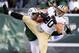 Nov 3, 2013; East Rutherford, NJ, USA; New York Jets free safety Antonio Allen breaks up a pass intended for New Orleans Saints tight end Jimmy Graham (80) during the game at MetLife Stadium. Mandatory Credit: Robert Deutsch-USA TODAY Sports